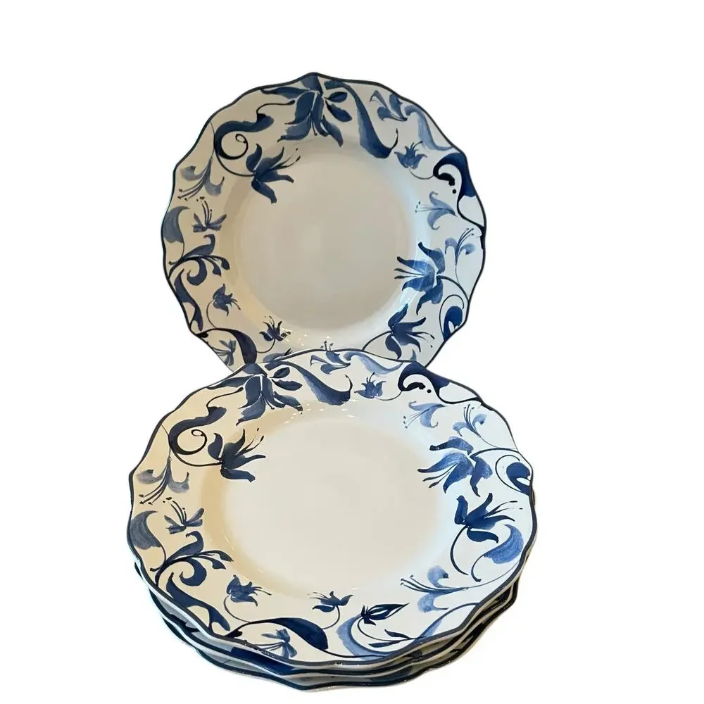 New 222 Fifth AYLA Blue Floral Porcelain 8.5in Salad Plates Scalloped Set of 4